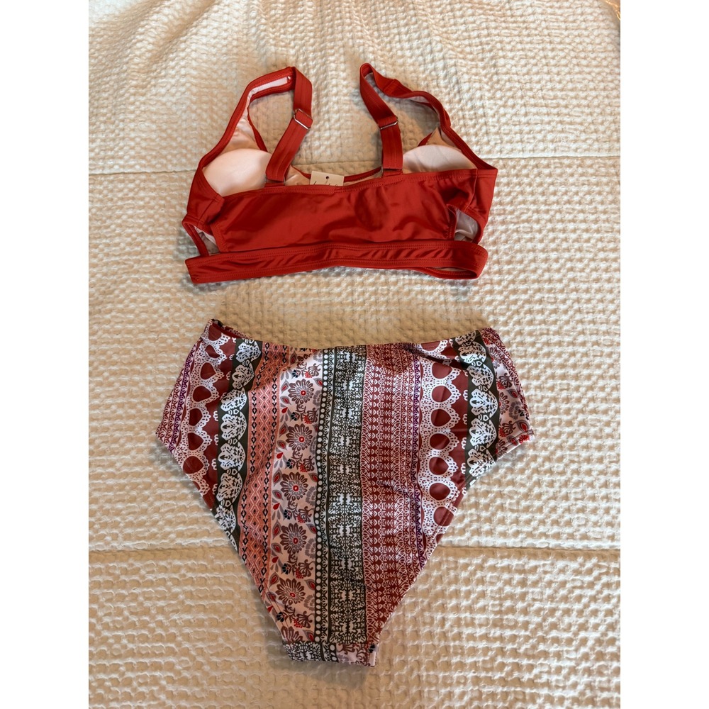 Cupshe Womens Rust Orange Boho Print High Waisted Bikini Set Small CAA12C4A061JR - Picture 2 of 3